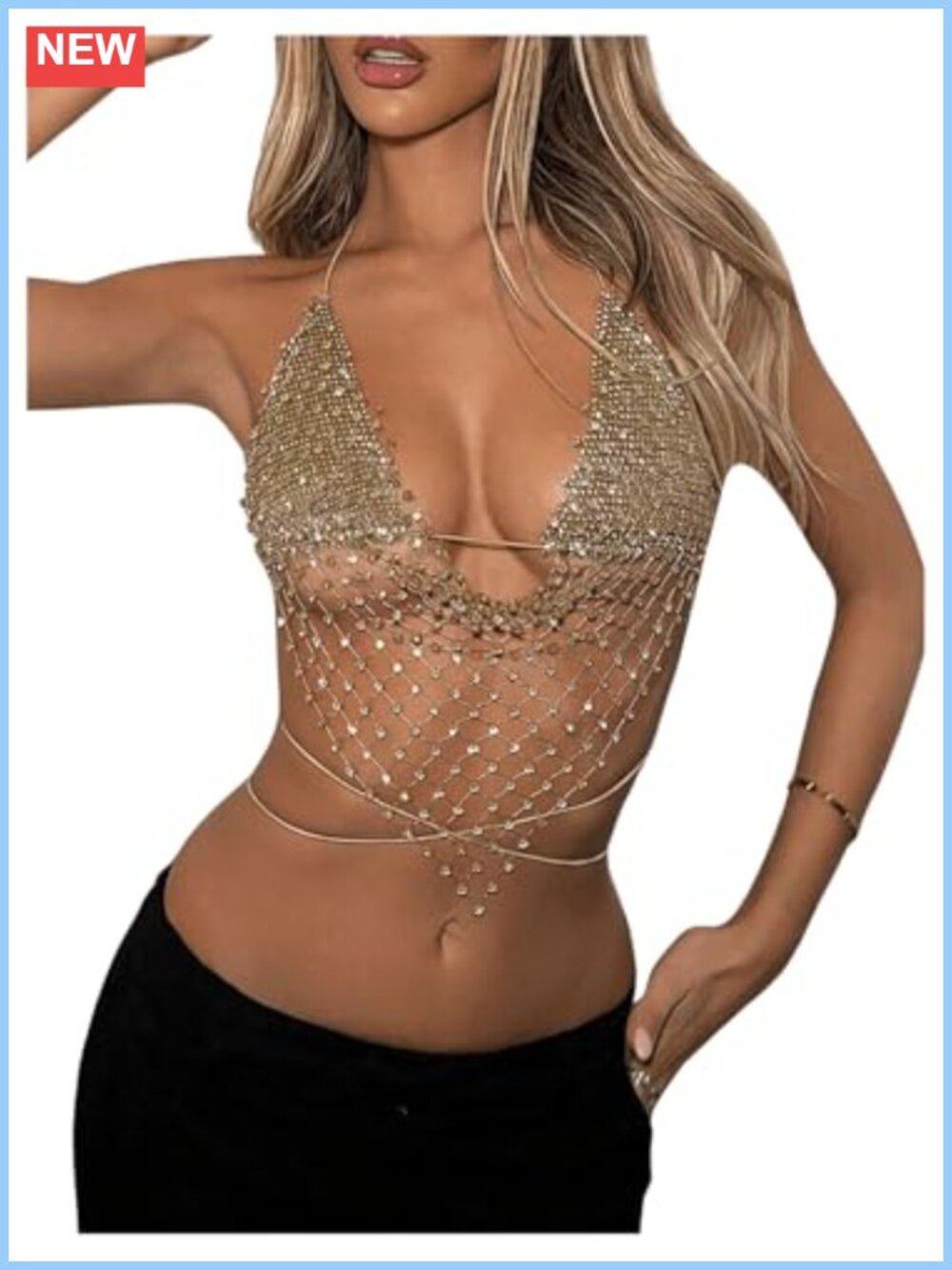 Y2K Glitter Rhinestone Criss Cross Halter Rave Crop Top Women's Tank